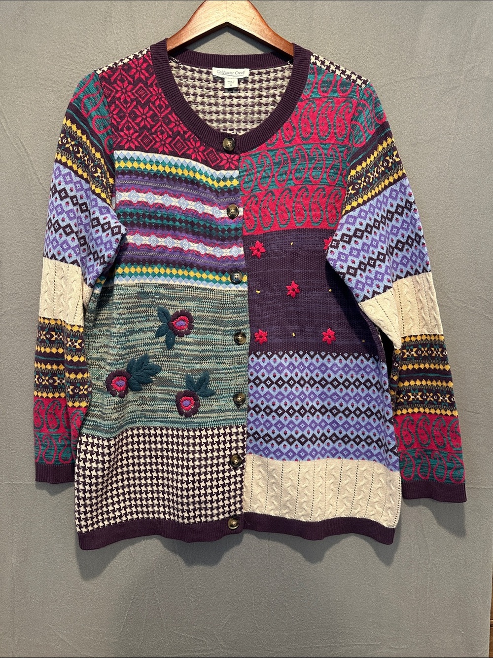 Coldwater Creek Multicolor Patchwork Knit Cardigan - Purple, Teal, Red, Cream